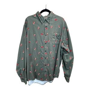 Land’s End Fox Print Button Down Shirt 3XLT Big & Tall Olive Green Cotton